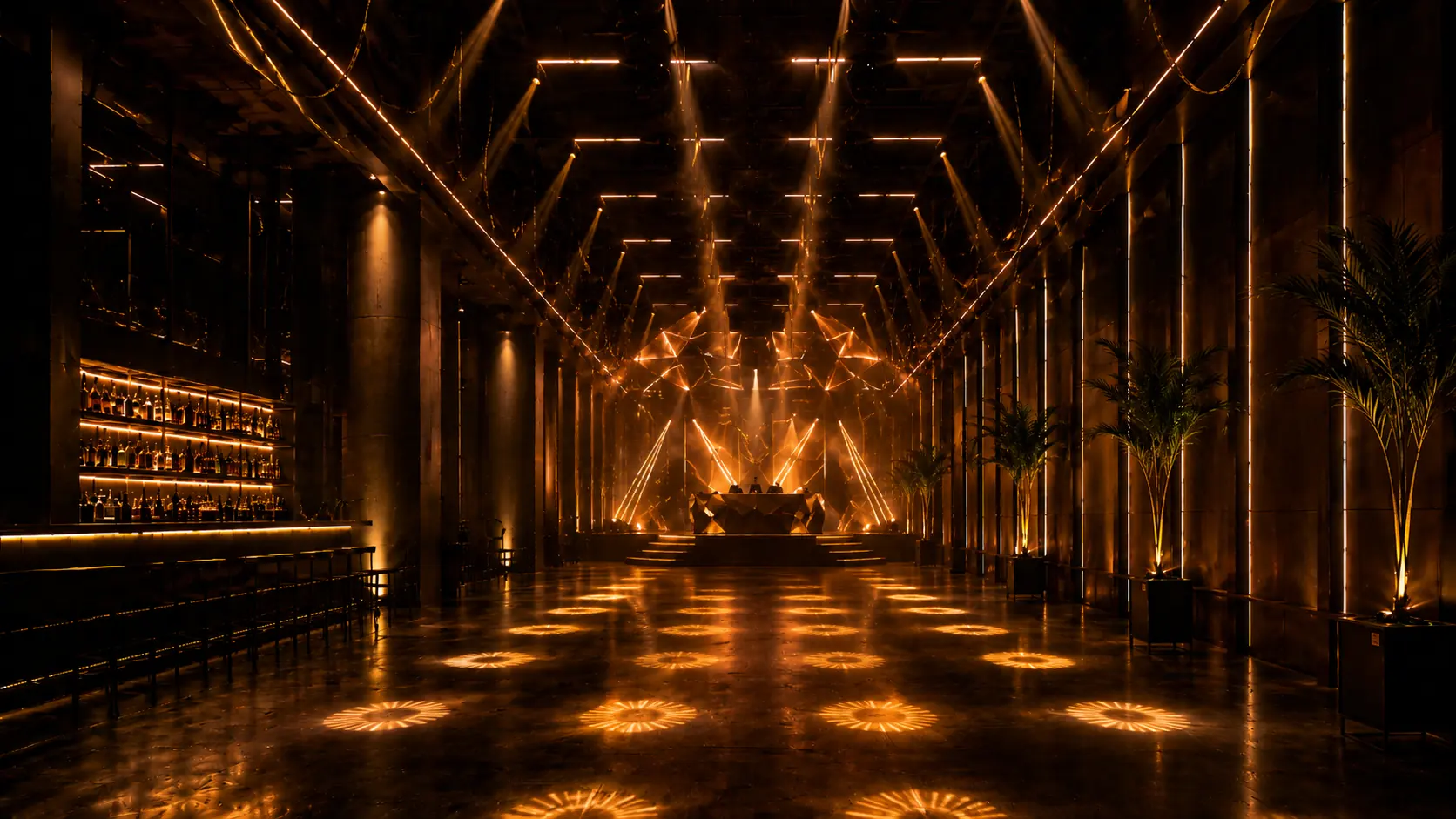 Sala interior iluminada en dorado