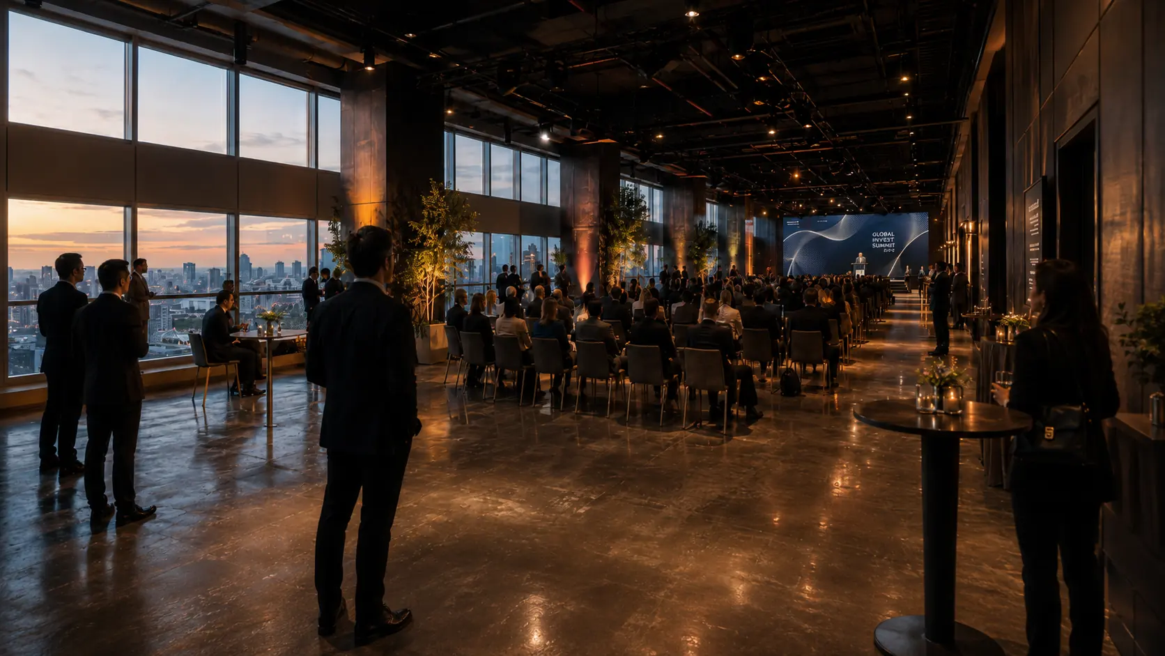 Cocktail al atardecer con vista a la ciudad